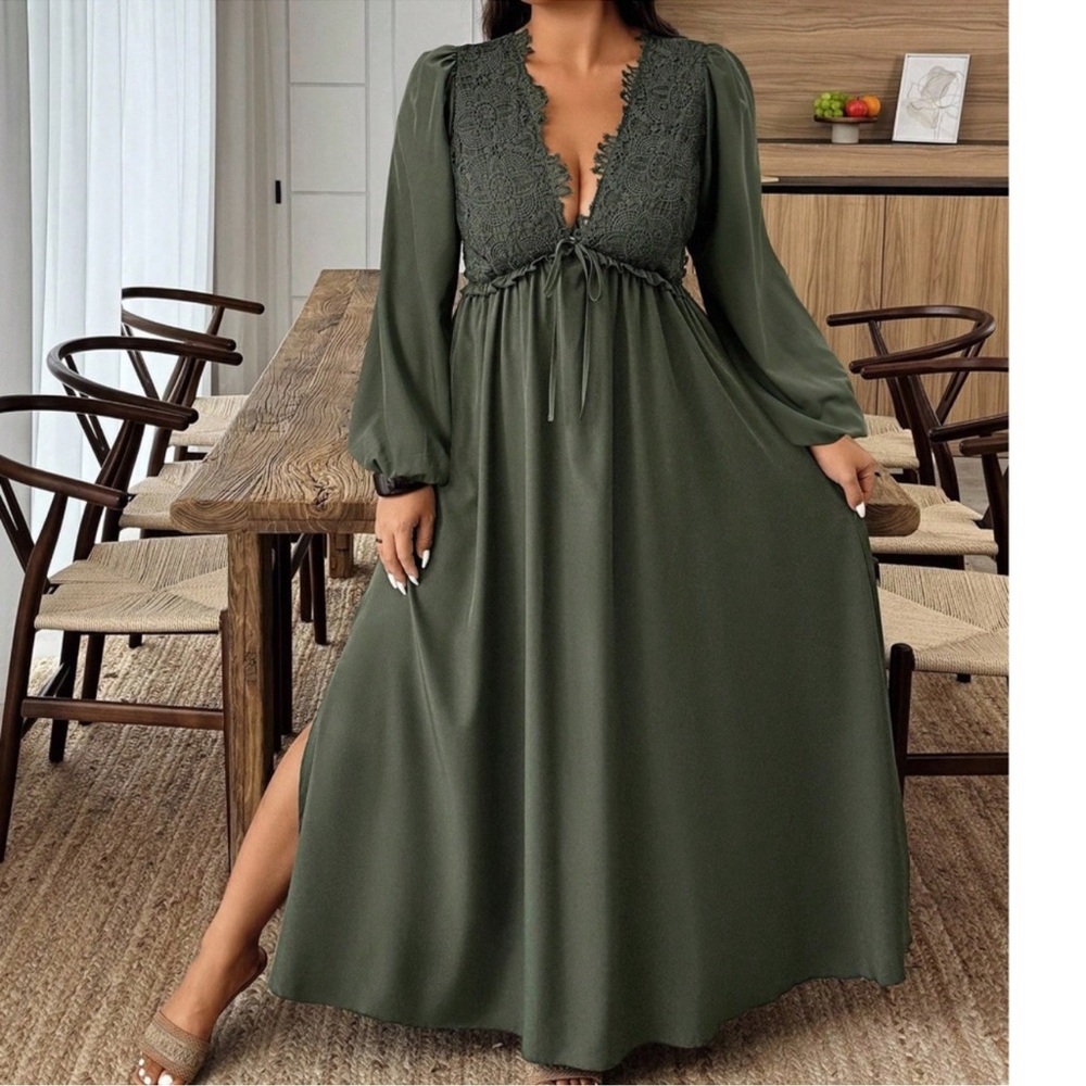 Plus Bohemian Olive Lace V Neck Maxi Dress 1X 2X 3X 4X